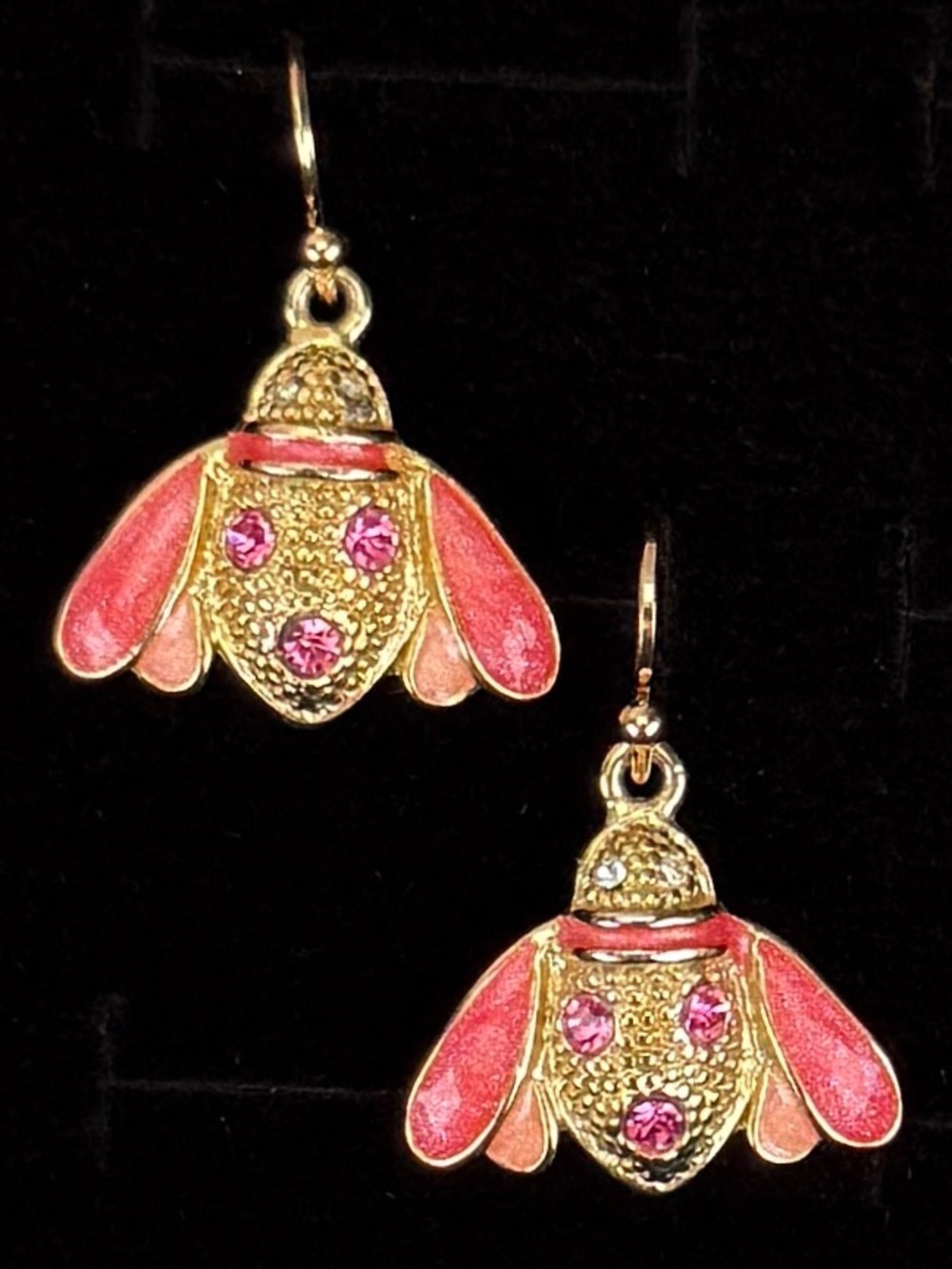 Vintage Pink Enamel Bee Drop Earrings Rhinestone Gold Tone